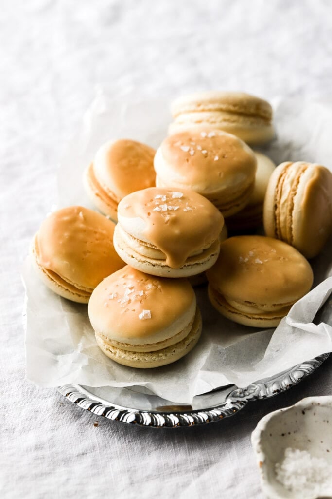 sea salt and caramel glaze on macarons 