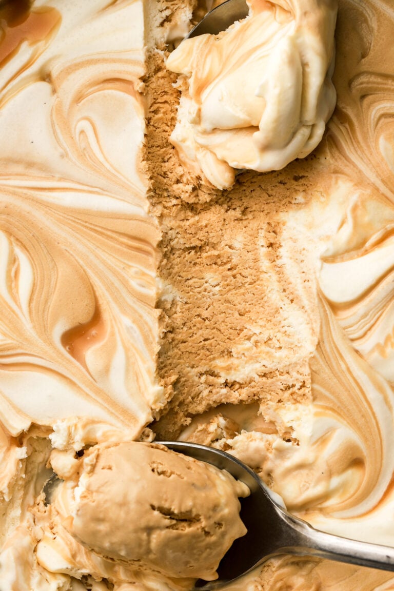 caramel macchiato ice cream with scoop removed