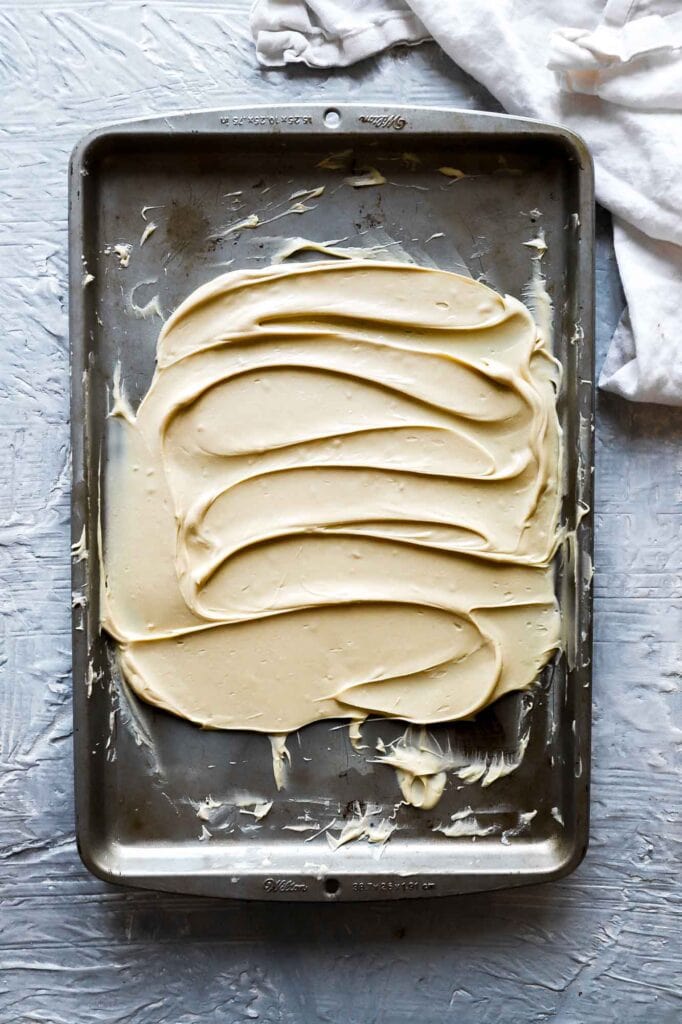 white chocolate chips halfway through baking, after re-spreading