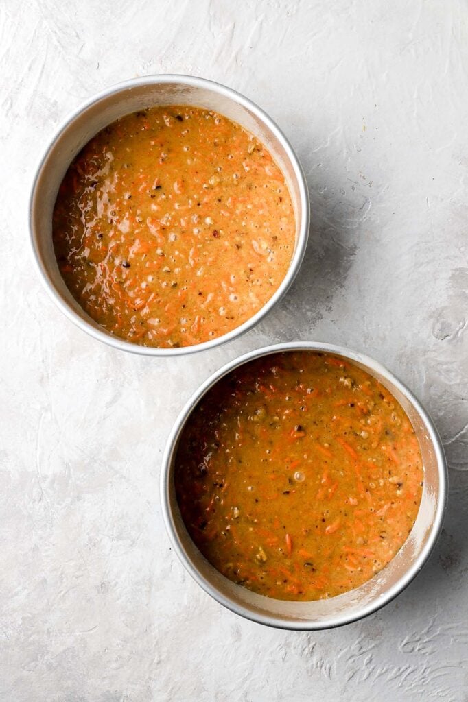 distribute batter between two 8" pans