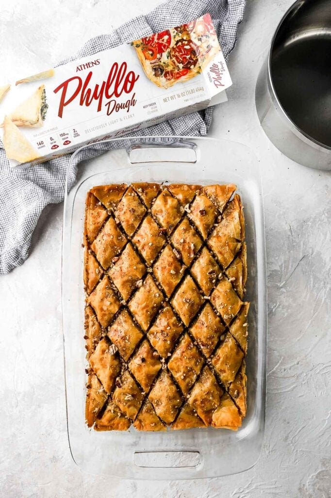 bake and pour cool syrup over hot baklava