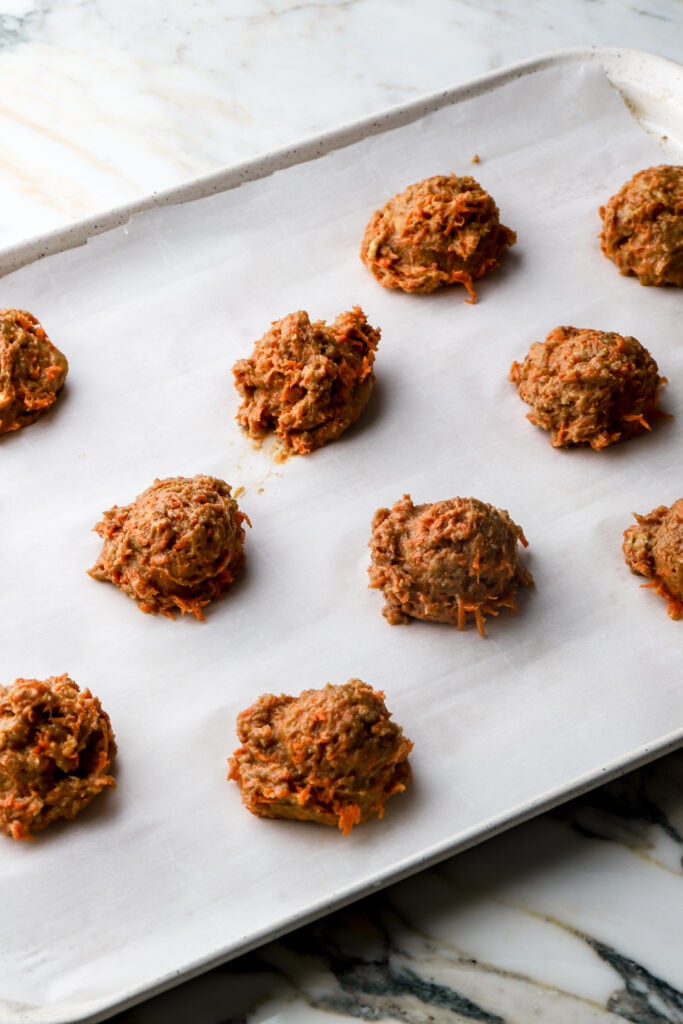 carrot cake cookie dough scoops on tray