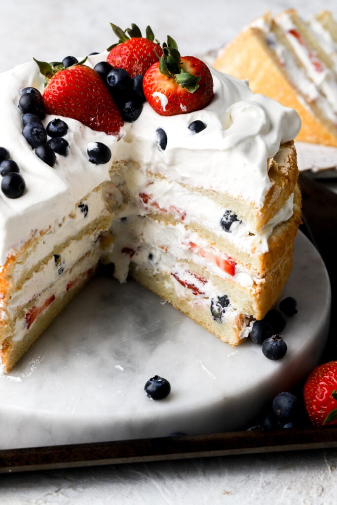 chantilly cake sliced to show the inside