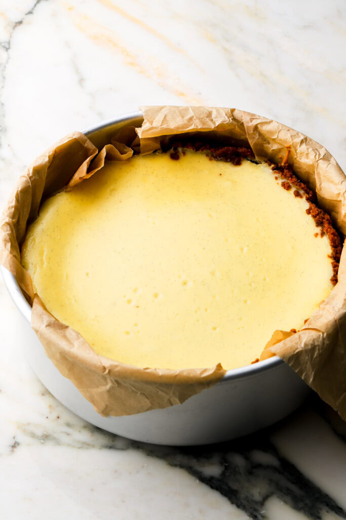 cheesecake after it's chilled - you can see it settles a little lower once it cools