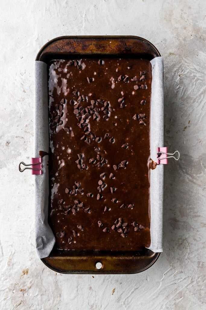 chocolate banana bread batter in the loaf pan