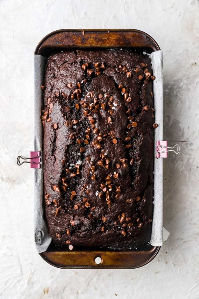 chocolate banana bread with mini chocolate chips on top