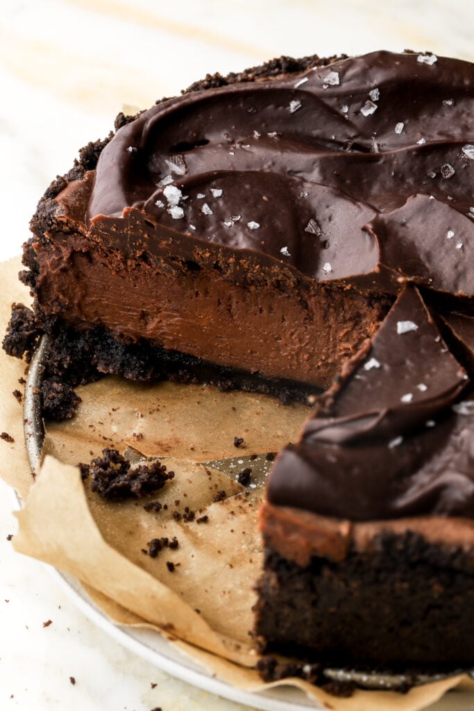 chocolate cheesecake topped with chocolate ganache