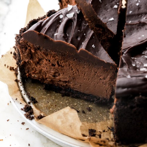 chocolate cheesecake slice on a pan