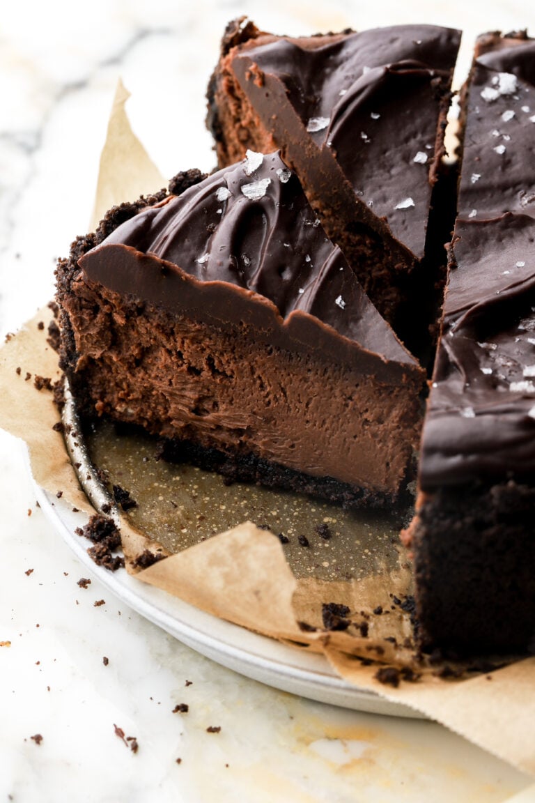 chocolate cheesecake slice on a pan