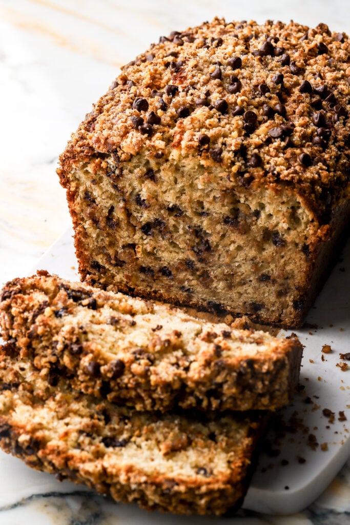 chocolate chip banana nut bread with two slices cut