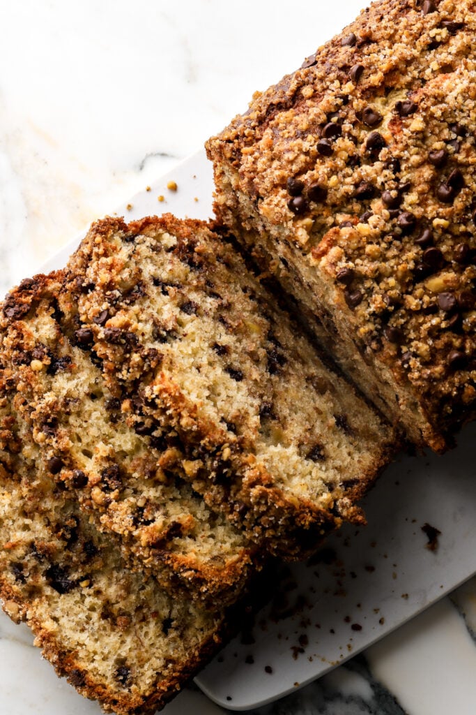 chocolate chip banana nut bread sliced