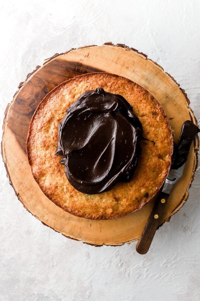 chocolate chip banana cake layer frosted with chocolate ganache