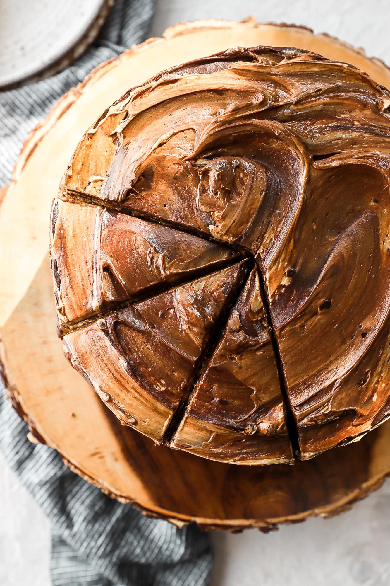 chocolate chip peanut butter banana cake sliced, overhead shot