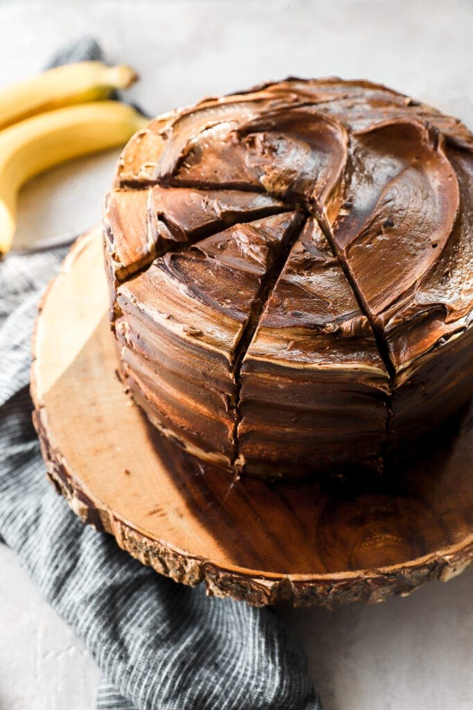 chocolate chip peanut butter banana cake sliced, angled shot