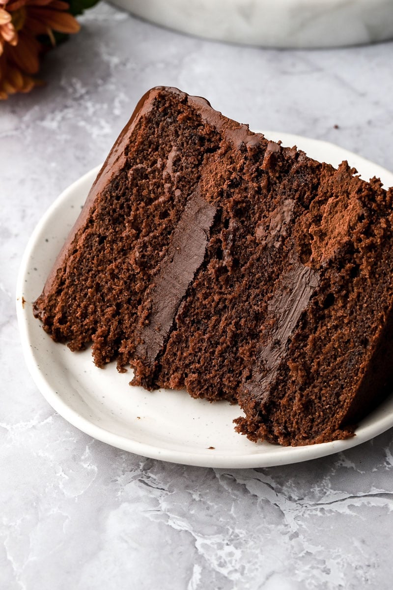 slice of chocolate ganache cake on a plate