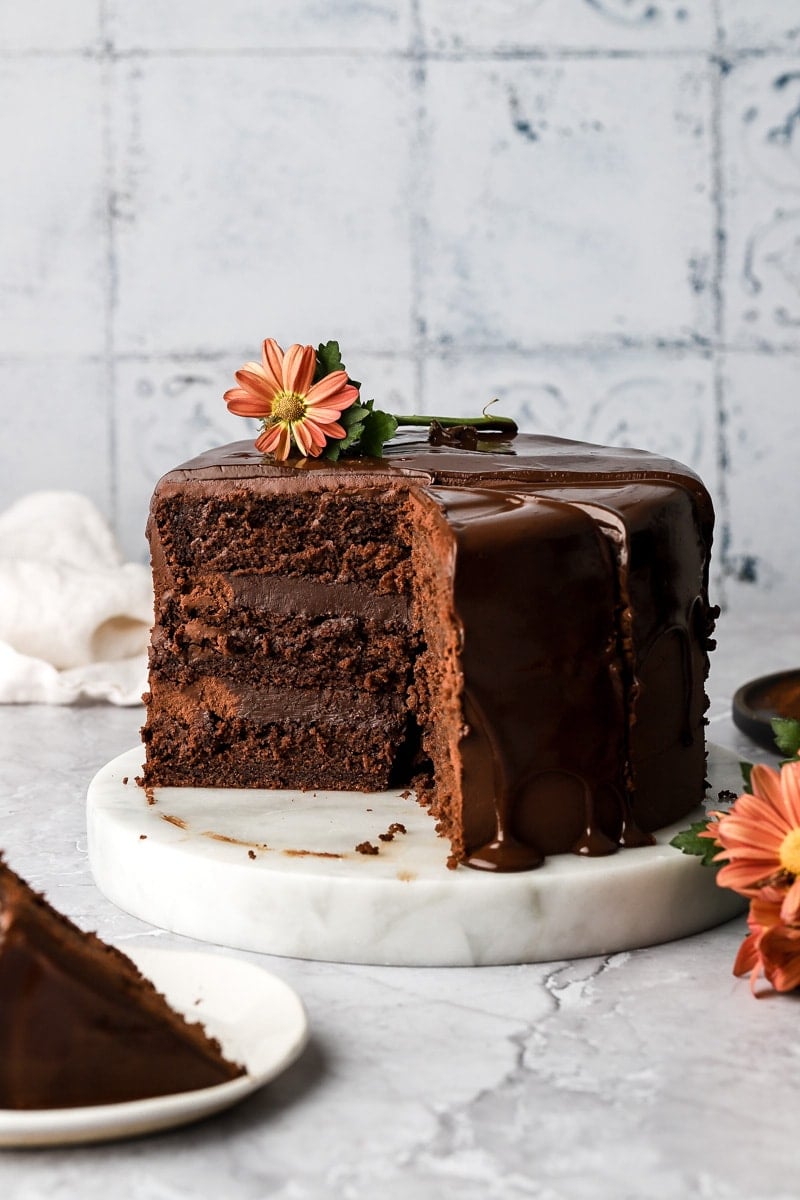 inside of chocolate ganache cake with slices removed