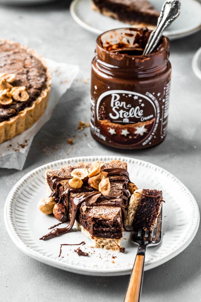 hazelnut brownie tart slice pan di stelle