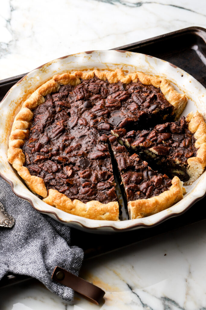 chocolate pecan pie sliced