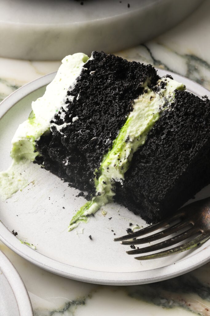 close up slice of chocolate pistachio cake on a plate