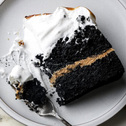 slice of chocolate s'mores cake on a plate with a bite taken out