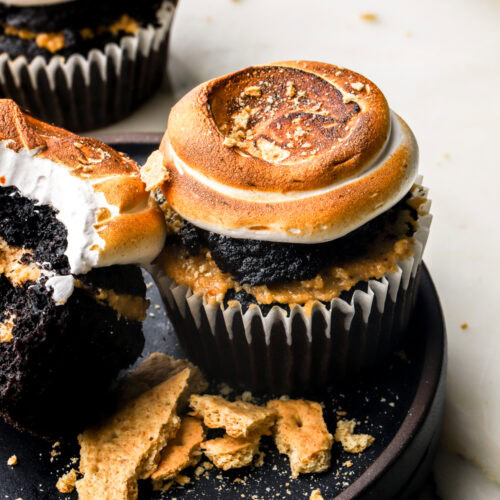 chocolate s'mores cupcake with toasted meringue on top