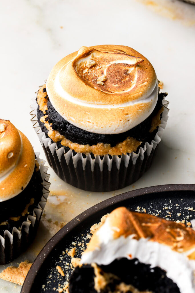chocolate s'mores cupcake with toasted meringue on top