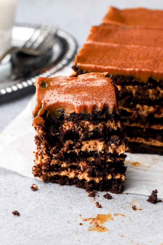 slice of chocotorta with bites taken out
