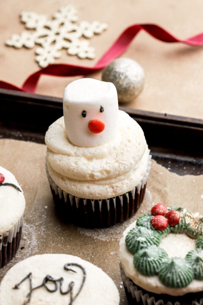 cupcake decorated as a snowman