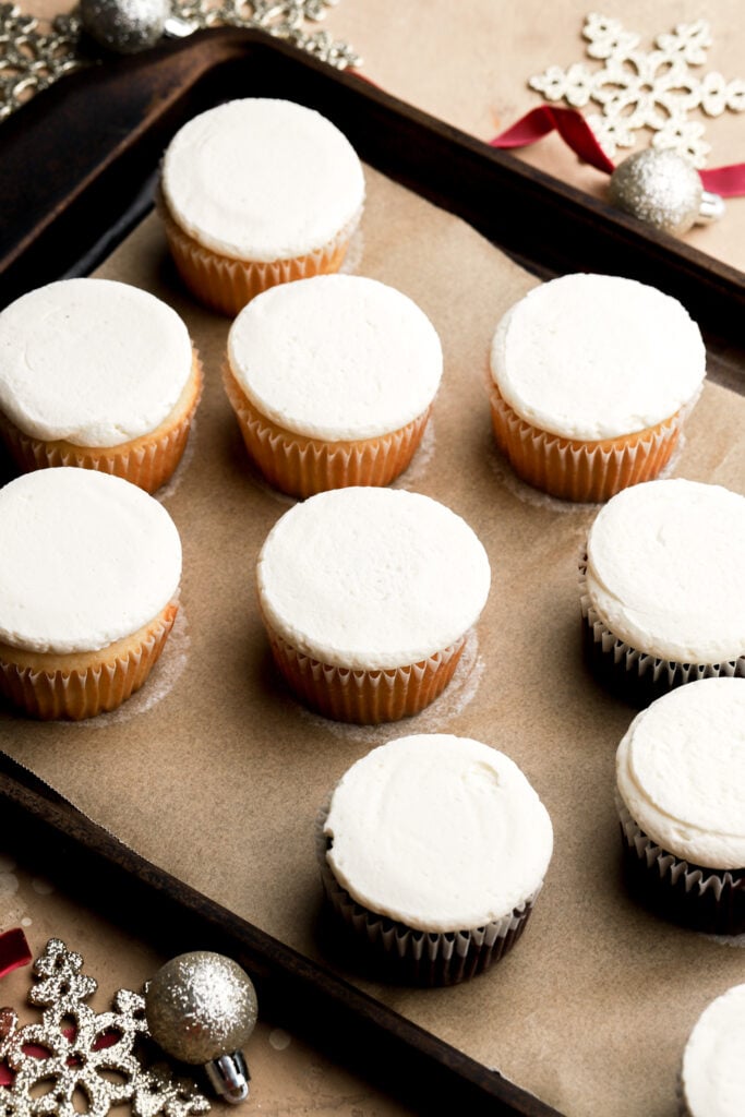 cupcakes after freezing upside down on cookie sheet