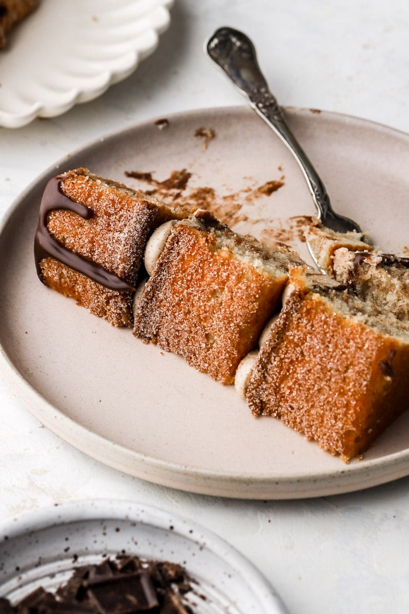 back of churro cake slice on a plate