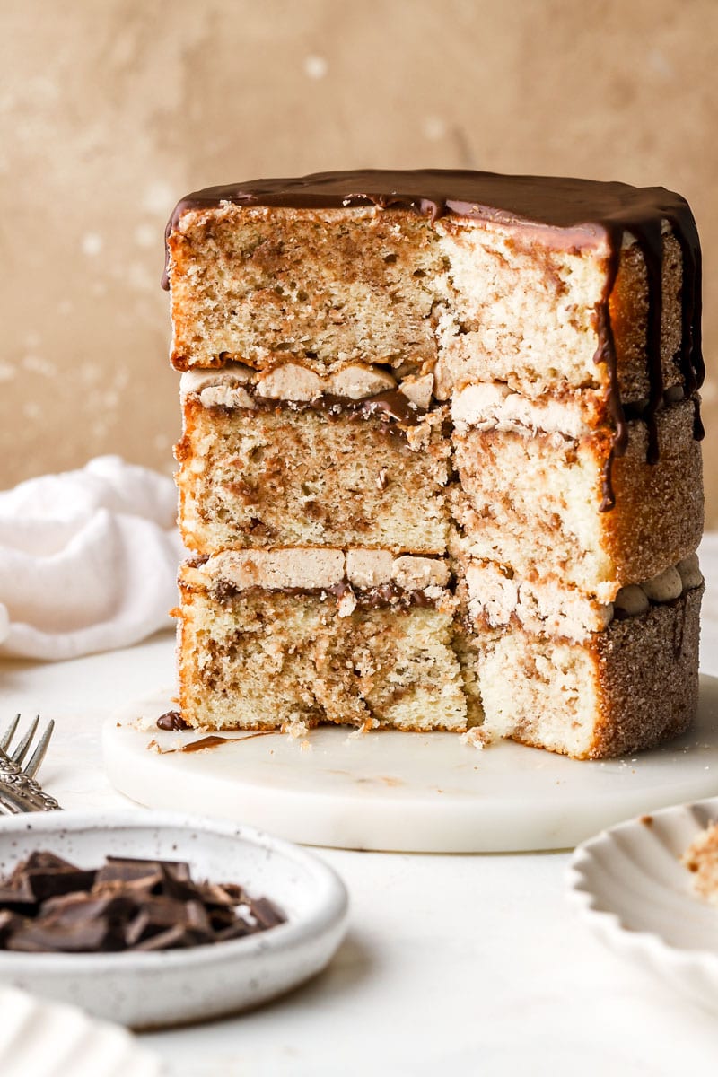 inside of churro cake with chocolate drip