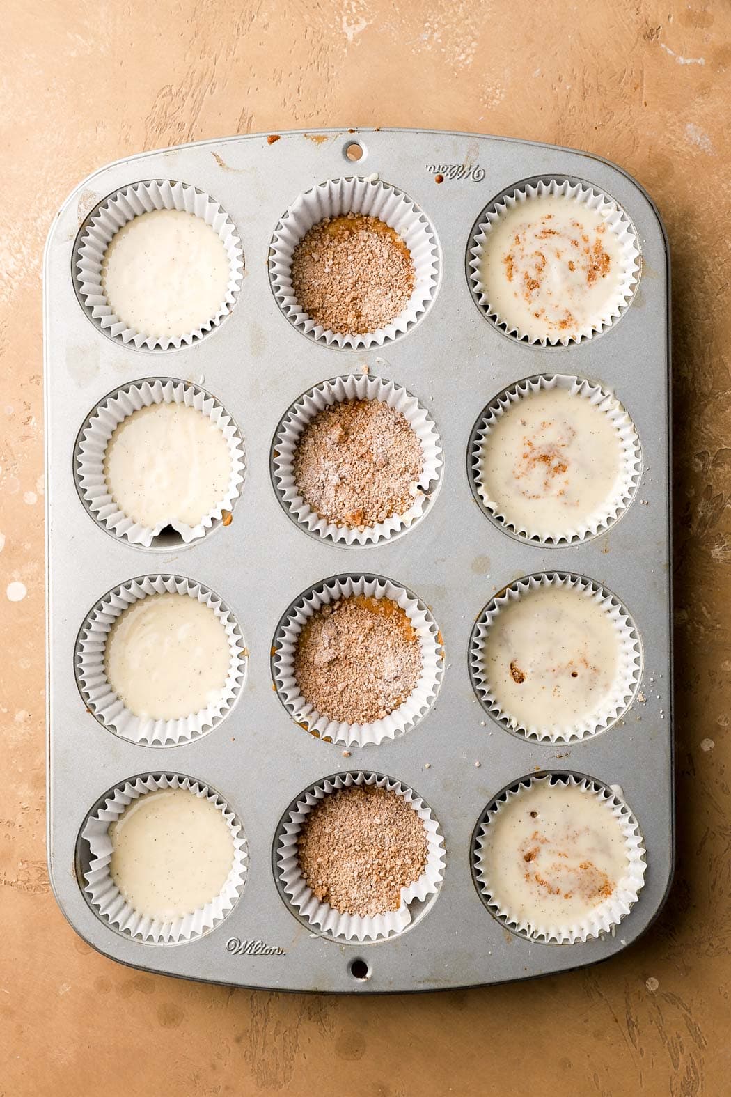half the batter, cinnamon swirl, second half of the batter, swirl with a knife