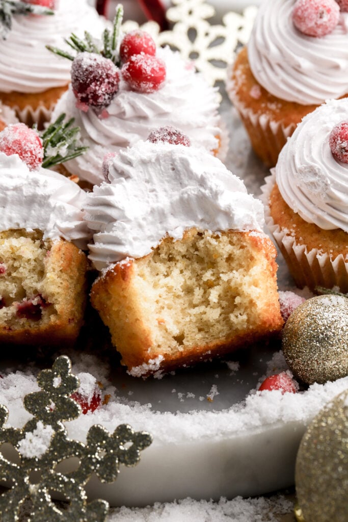 close up texture of inside of cranberry cupcakes