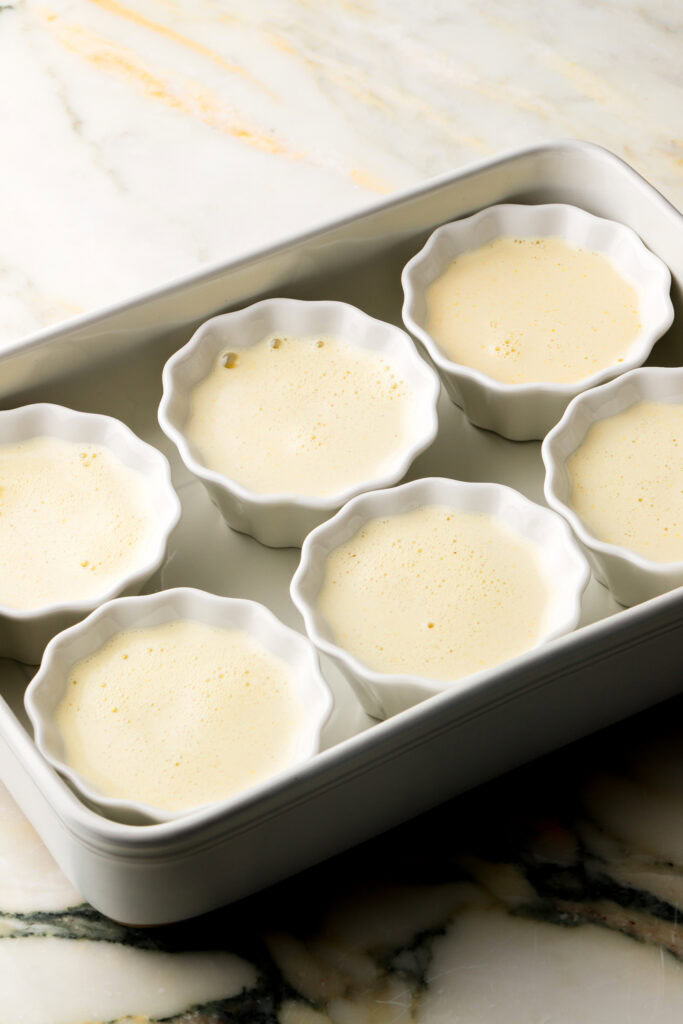 creme brulee mixture in ramekins