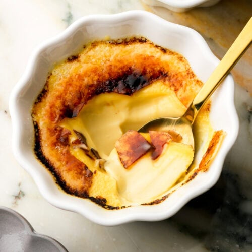 close up of vanilla creme brulee showing the inside texture