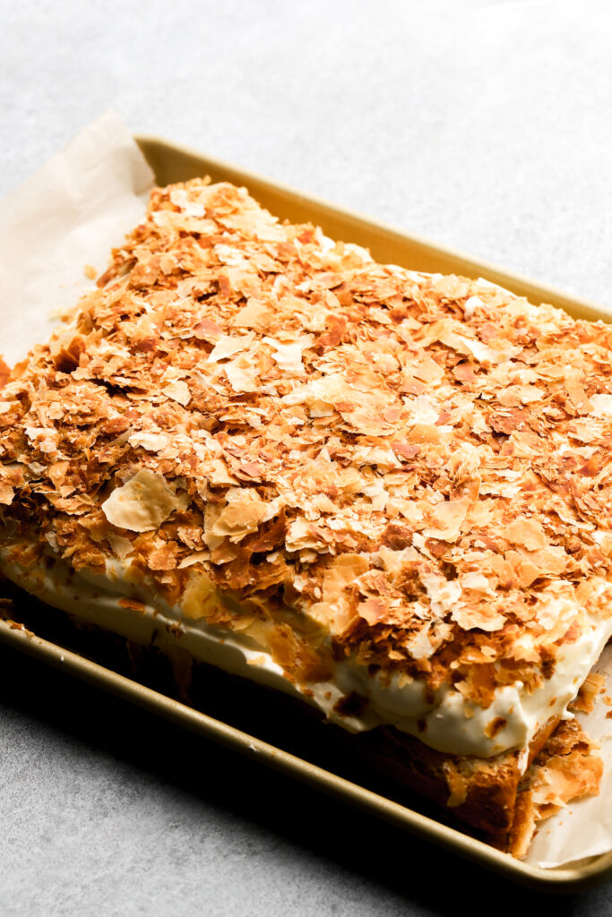 bavarian cream topped with crushed puff pastry