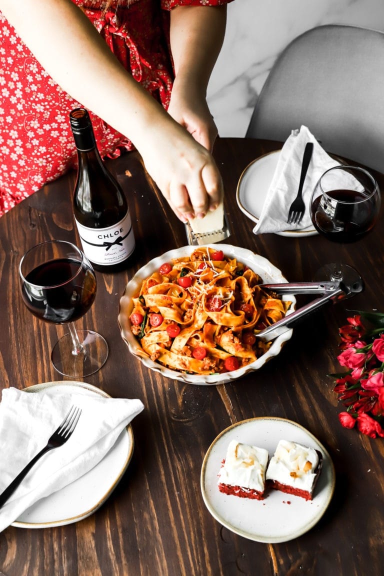 Date night in with bolognese and red velvet sheet cake