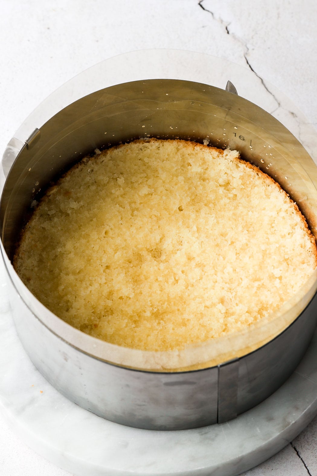 bottom layer of genoise brushed with simple syrup