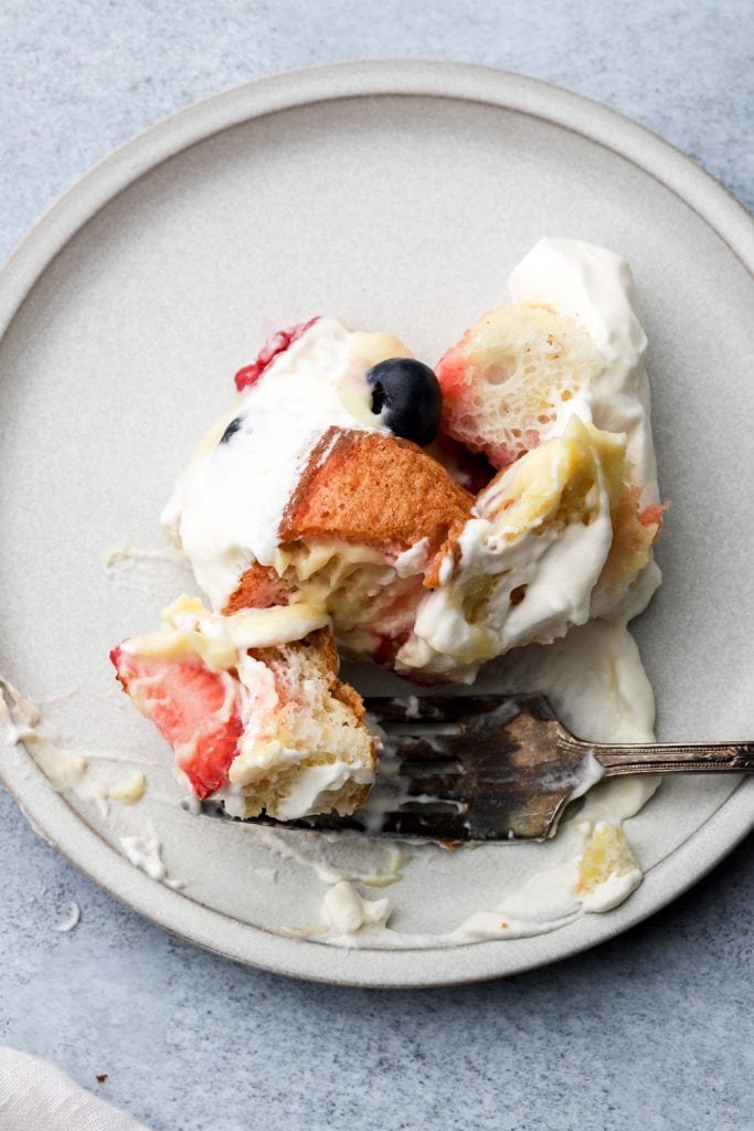 trifle in a plate with a fork