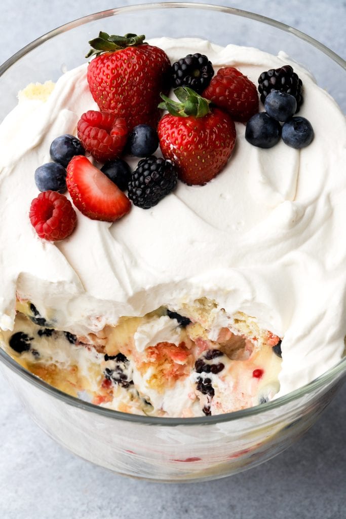 fruit trifle with a scoop removed