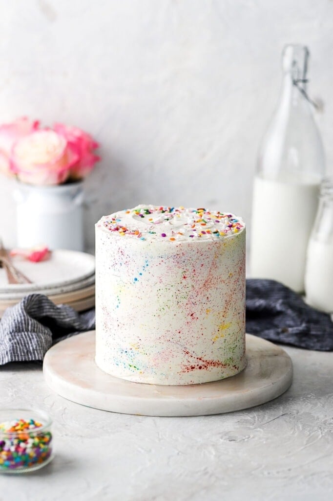 funfetti cake with paint splatters