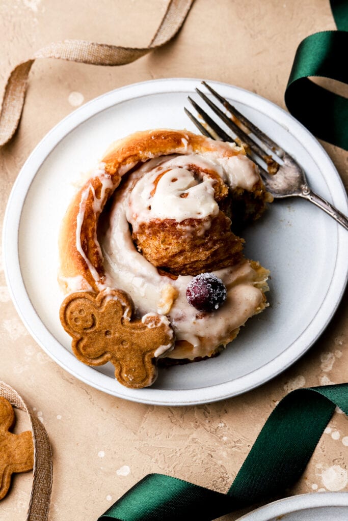 close up of inside texture of gingerbread cinnamon rolls
