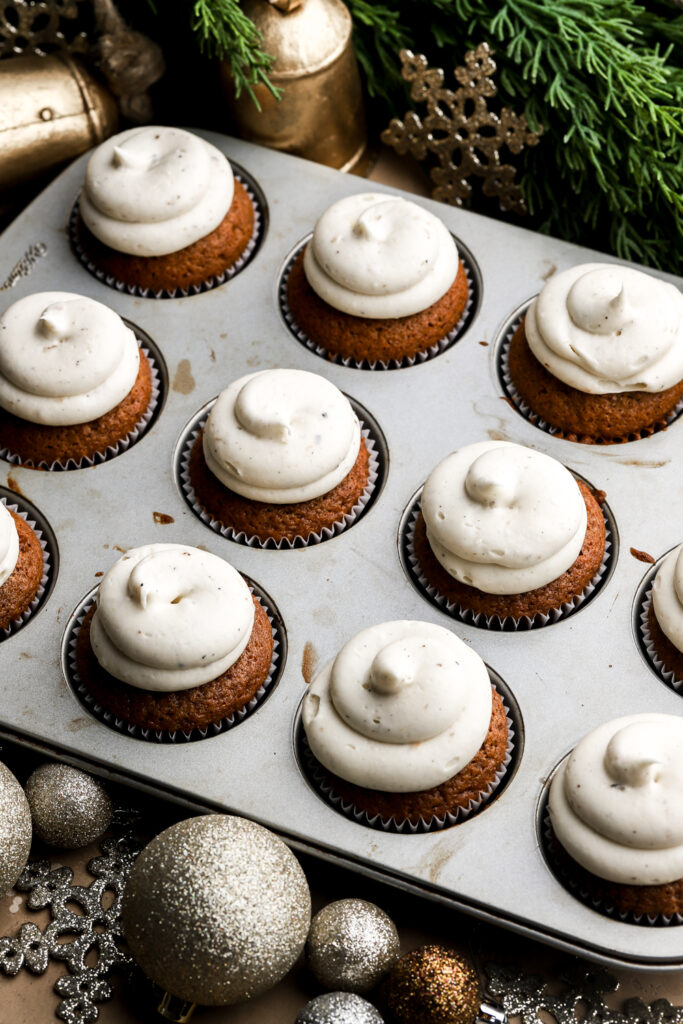 frosting piped on top of cupcakes