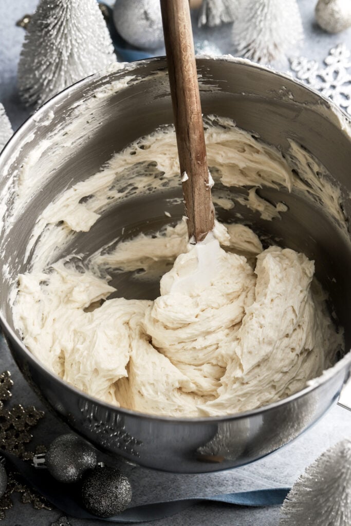 marshmallow frosting in a mixer bowl