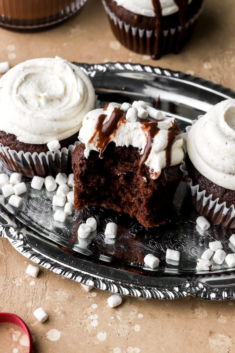 hot chocolate cupcake with bite taken out