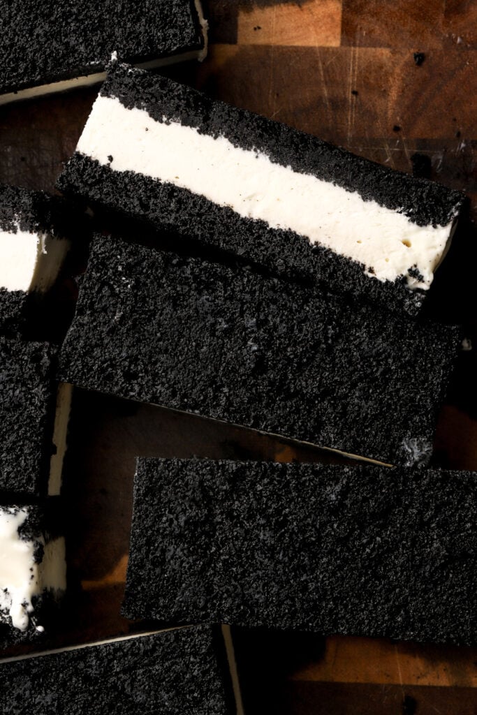 ice cream sandwiches sliced on a board