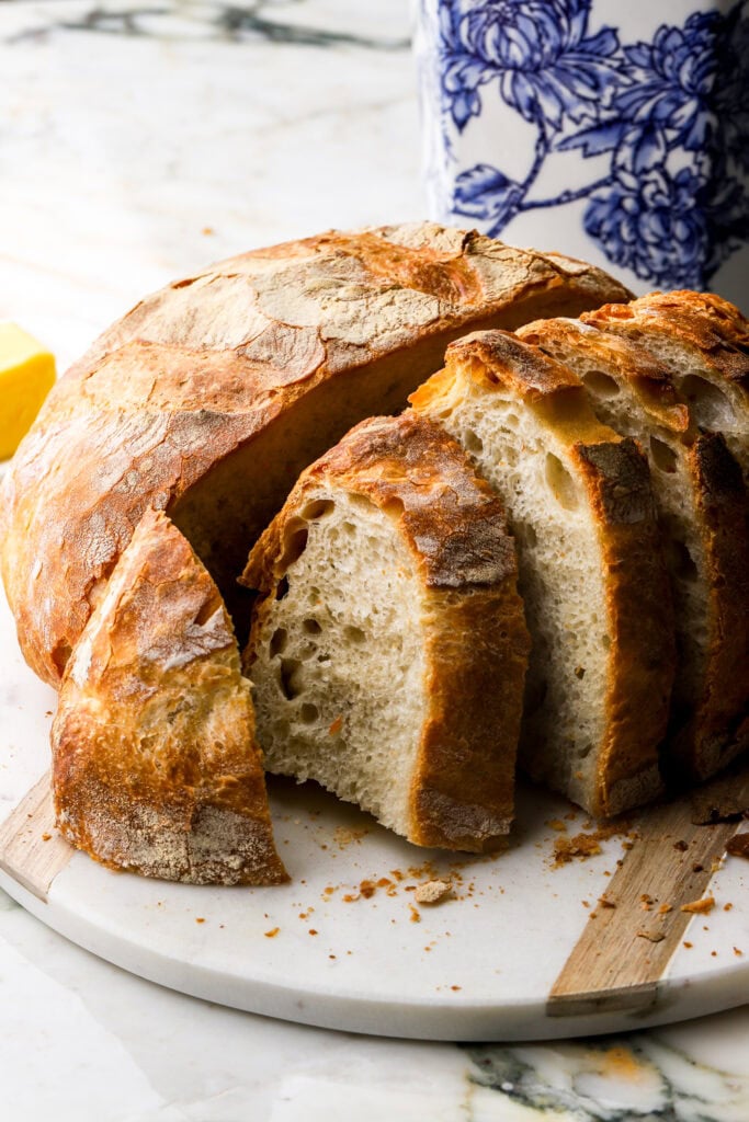 Italian bread sliced on a pan