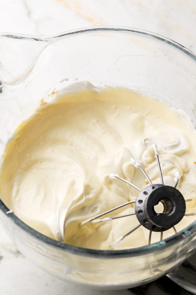 egg yolks and vanilla added to the meringue