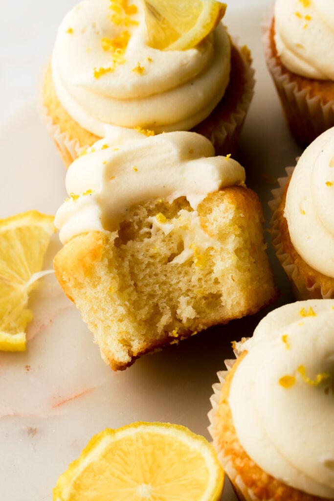bite taken out of a lemon cupcake