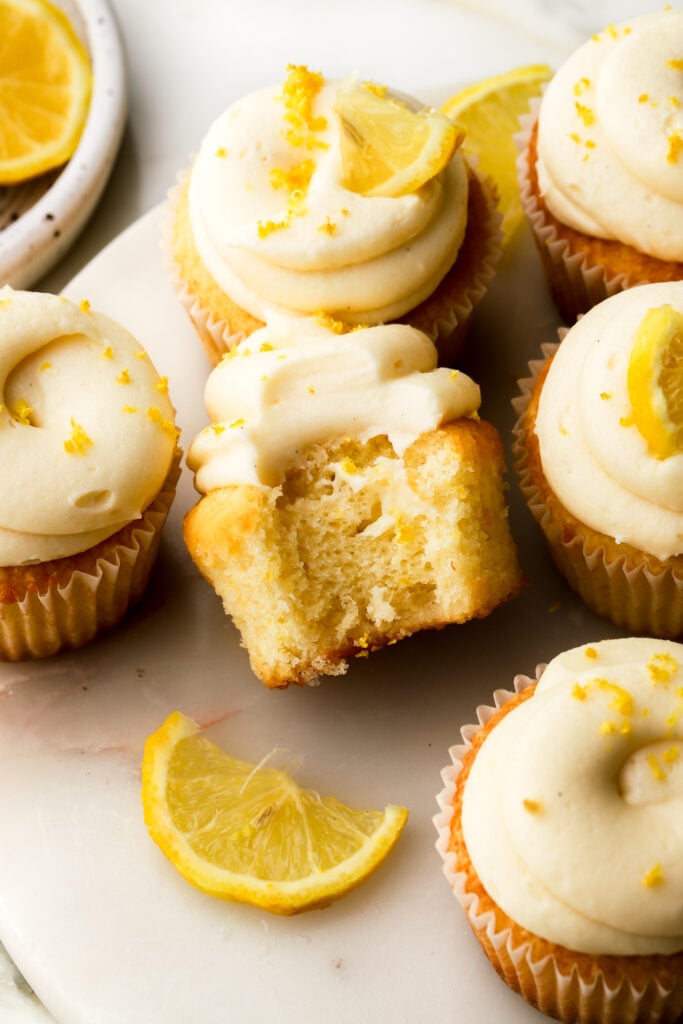 bite taken out of a lemon cupcake